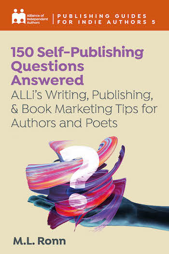 Book cover for 150 Self-Publishing Questions Answered. Hand holding a swirling question mark